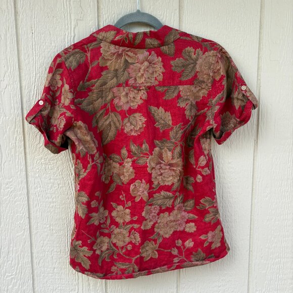 Lauren Ralph Lauren Linen Camp Shirt Women's Small Petite Red Floral Utility - Picture 6 of 8